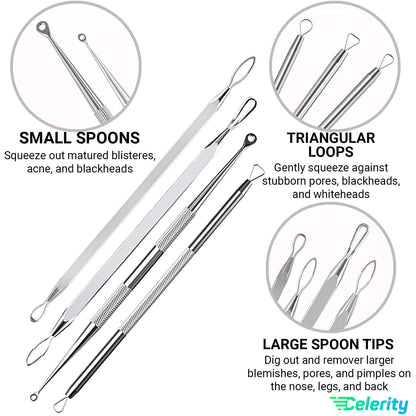 Celerity 06 Piece Professional Stainless steel Tweezer kit With Leather Case |Blackheads Pimple Acne Remover Plus Comedone Extractor tweezers Eyebrow Facial Hairs for Women and Men Beauty