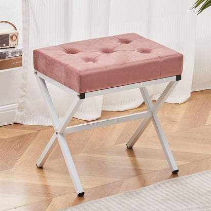 Cpintltr Ottoman Foot Stool Tufted Vanity Stool Ottomans Thickened Cushion Footstool Mulifunctional Shoe Changing Seat Step Stools with Metal X Leg for Living Room Bedroom Faux Leather Black