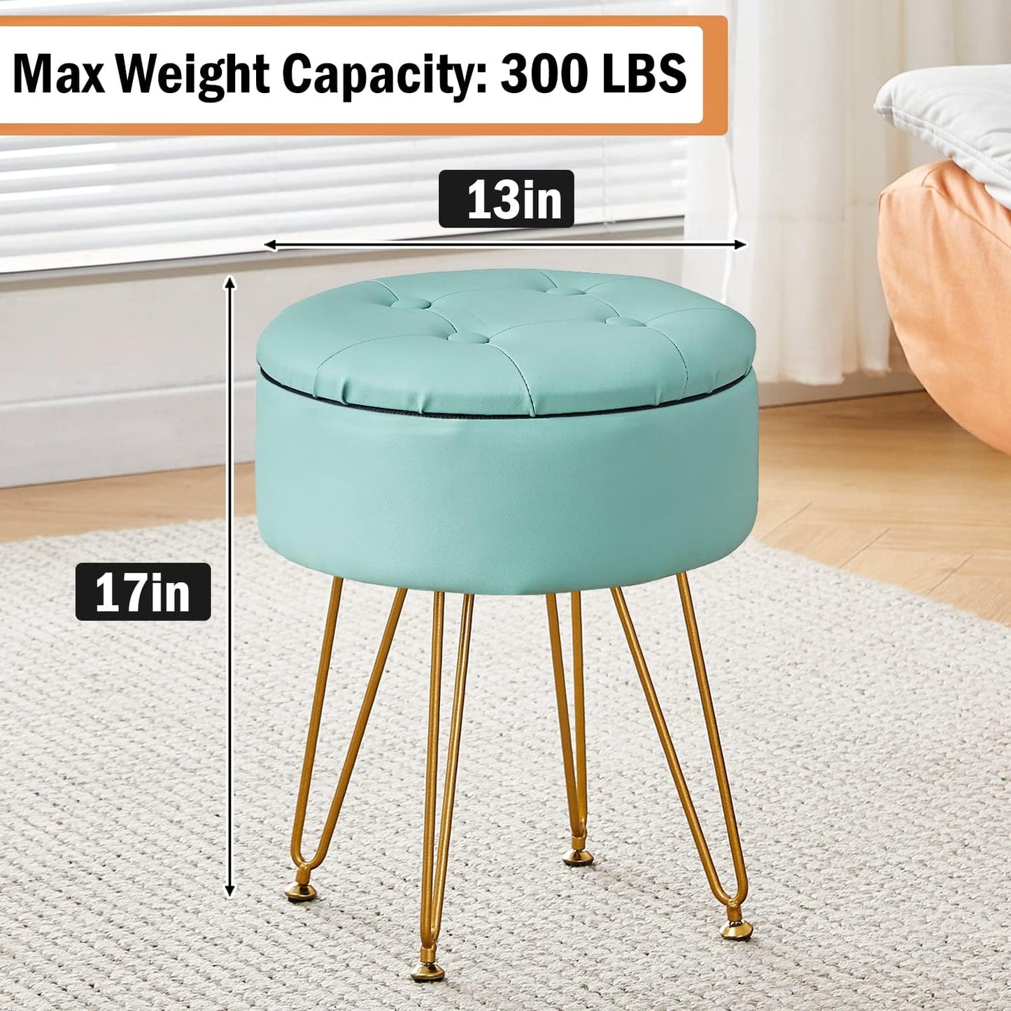 Cpintltr Faux Leather Storage Ottoman Round Footrest Stool Multifunctional Upholstered Ottoman with Metal Legs Modern Vanity Stools Tray Top Coffee Table Suitable for Living Room Bedroom Black