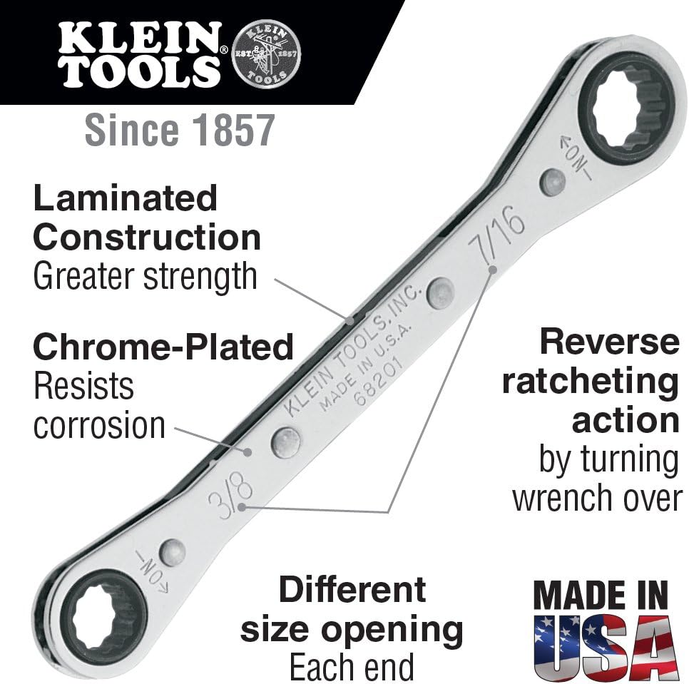 Klein Tools 68206 Ratcheting Box Wrench 13/16-Inch x 7/8-Inch with Reverse Racheting and Chrome Plated Finish