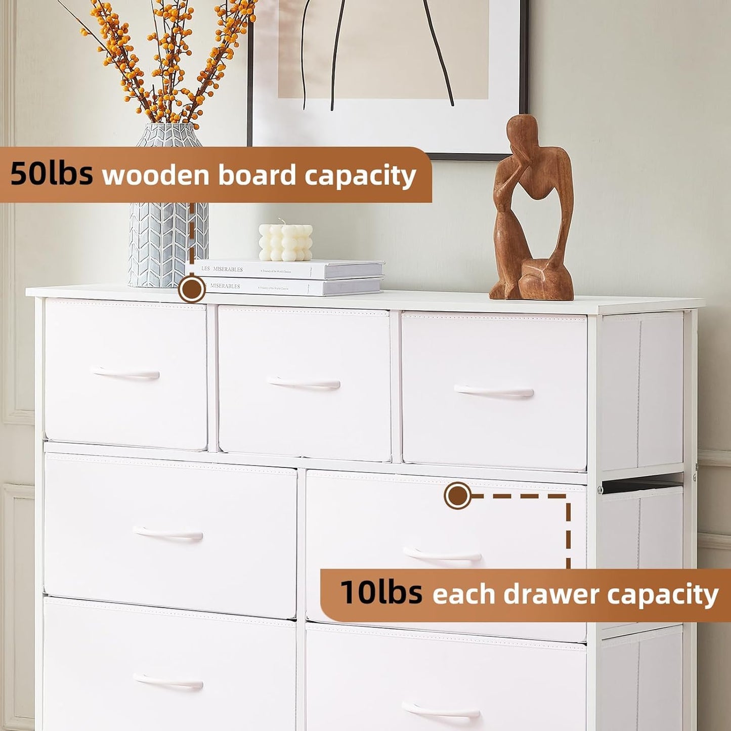 SKY-TOUCH Storage Cabinet : Bedroom Dresser with 7 Drawers Wide Storage Chest with Removable Fabric Bins Storage Organizer Unit for Living Room Entryway Hallway Nursery Kids Room (100*30*74CM White)