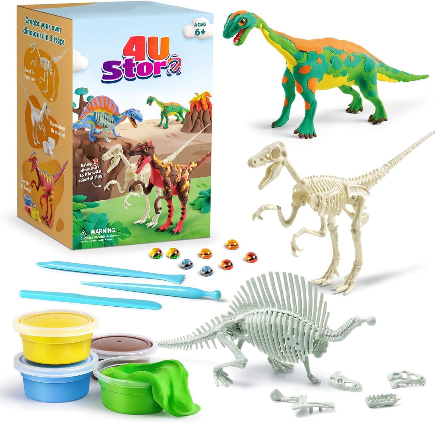 4USTORE Dinosaur Craft Kit for Kids, Make Your Own Flower Bouquet with Air Dry Clay, Arrange Clay Flowers & Create Personalized Art, Great Gifts for Girls