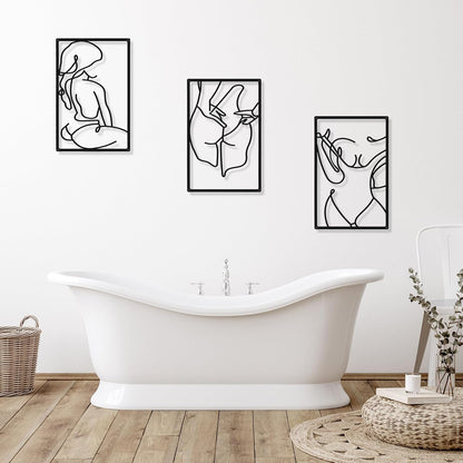 CHENGU 3 Pieces Metal Minimalist Abstract Woman Wall Art Line Drawing Wall Art Decor Single Line Female Home Hanging Wall Art Decor for Kitchen Bathroom Living Room (Black, Hand)