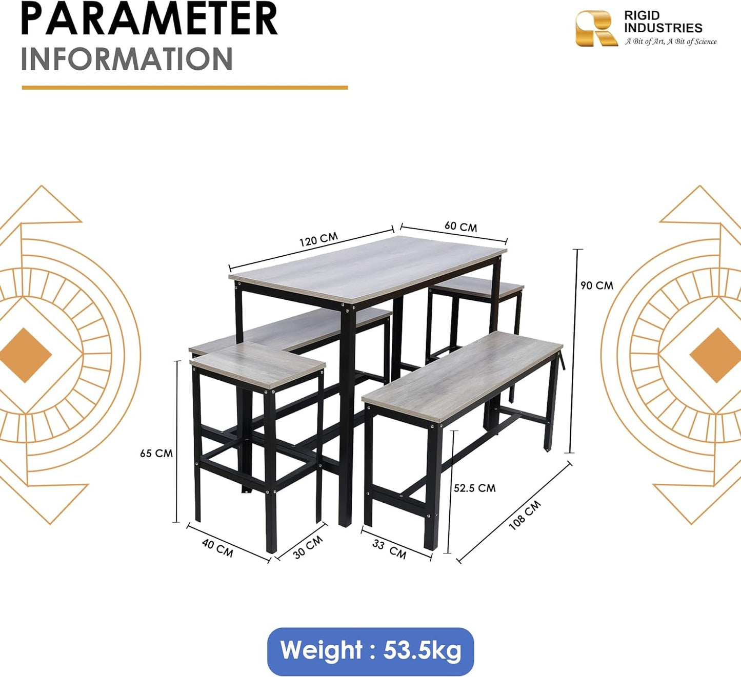 RIGID Wooden Dining Room Set, Durable Steel Frame, Industrial Design for Kitchen, Dining Room, Living Room Furniture (Wooden Desk and Bench Set)