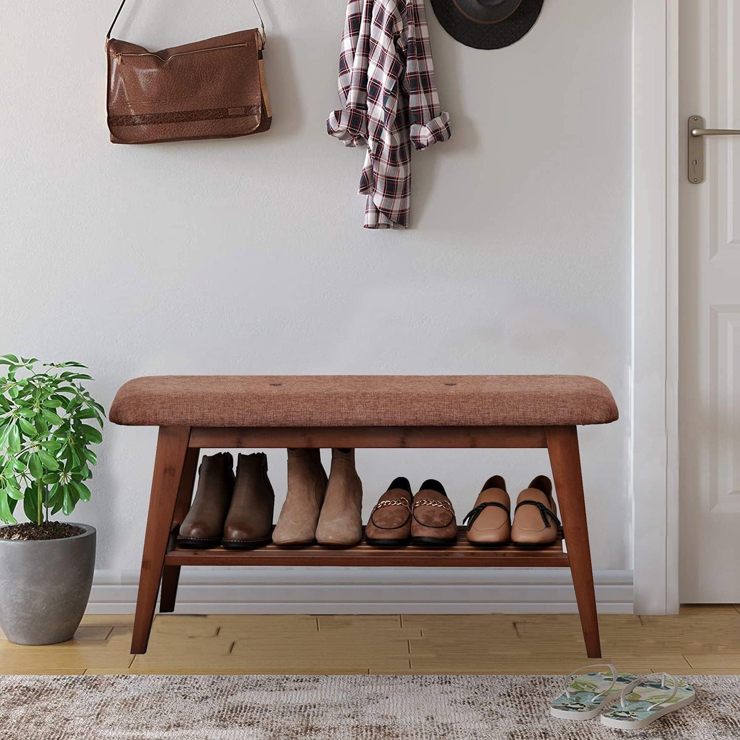 Shoe Entryway Bench, Bamboo Shoe Rack Bench, Organizer with 2 Tier Storage Simple Style Good Load Bearing, Ideal for Entryway Hallway Living Room (Brown)