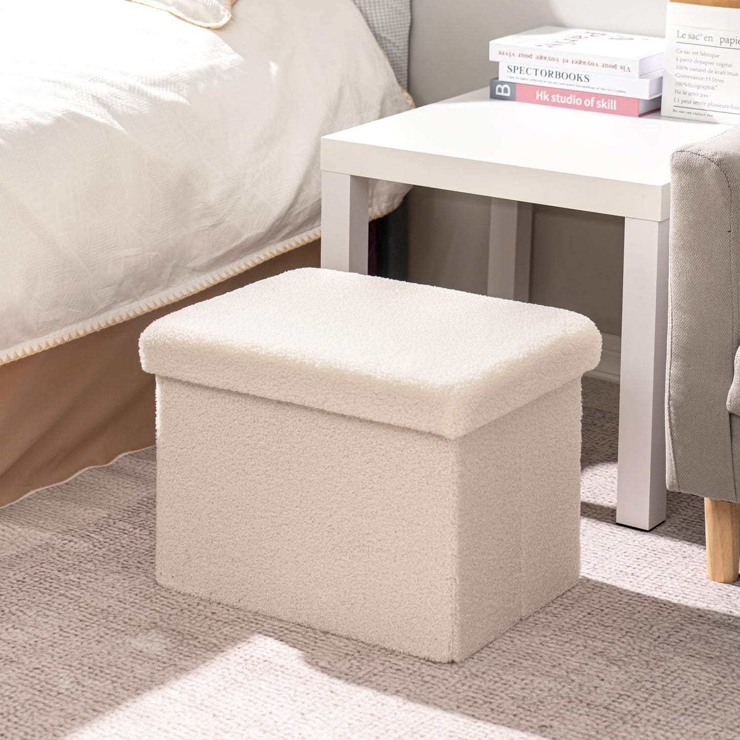 PINPLUS Storage Ottoman Foot Rest Stool, White Folding Sherpa Ottoman, Ottoman with Storage, Teddy Velvet Ottoman for Living Room, Bedroom, Dorm, 16.5" x 12.6" x 12.6"