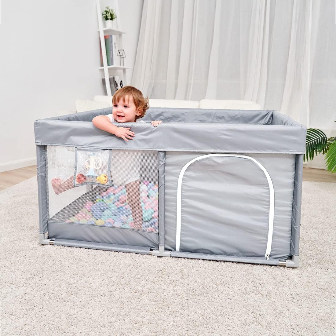 PandaEar Baby Playpen, Large Baby Playpen for Toddlers, Sturdy Baby Play Yards with Soft Breathable Mesh, Indoor & Outdoor Kids Activity for Infant Safety (50"×50")-LightGrey