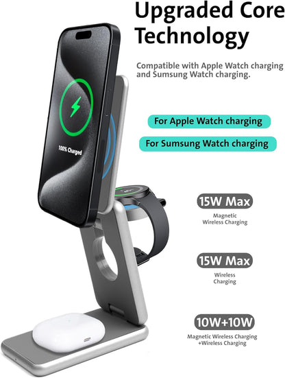 3IN1 WIRELESS CHARGING STAND With MAGSAFE/Qi, certified for Iphone/Samsung Devices and Accessories,Wireless MagSafe Charging Stand Station,15W Fast Charging series for Devices,Smart Watch