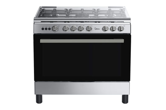 Midea 90x60cm Freestanding Cooker, Full Gas Cooking Range with 5 Burners, Automatic Ignition & Full Safety, Cast Iron Pan Support, Stainless Steel Finish, Separate Knob for Oven & Grill, LME95028FFD