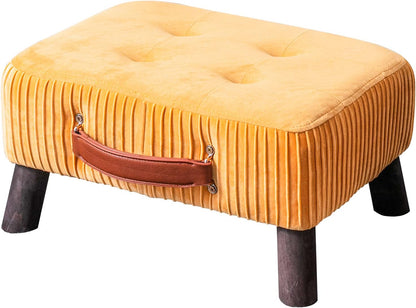 Small foot stool ottoman, Beige PU leather rectangle ottoman footrest, bedside step stool with wood legs, small Rectangular stool, foot rest for couch, small ottoman for desk, living room, bedroom