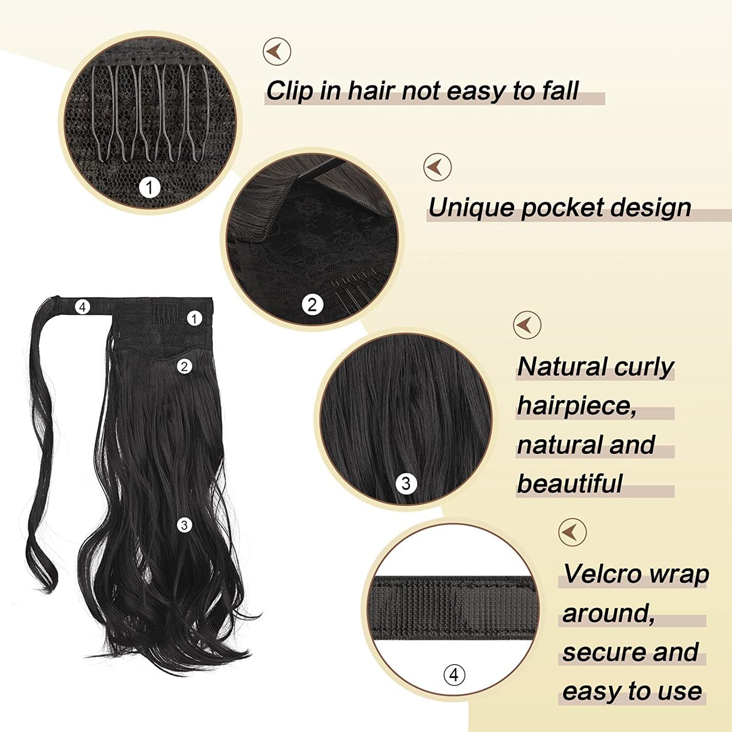 Long Straight Ponytail Extension Wrap Around Off Black Synthetic Hair Extensions One Piece Hairpiece Pony Tail Extension for Women (STRAIGHT, 1B)