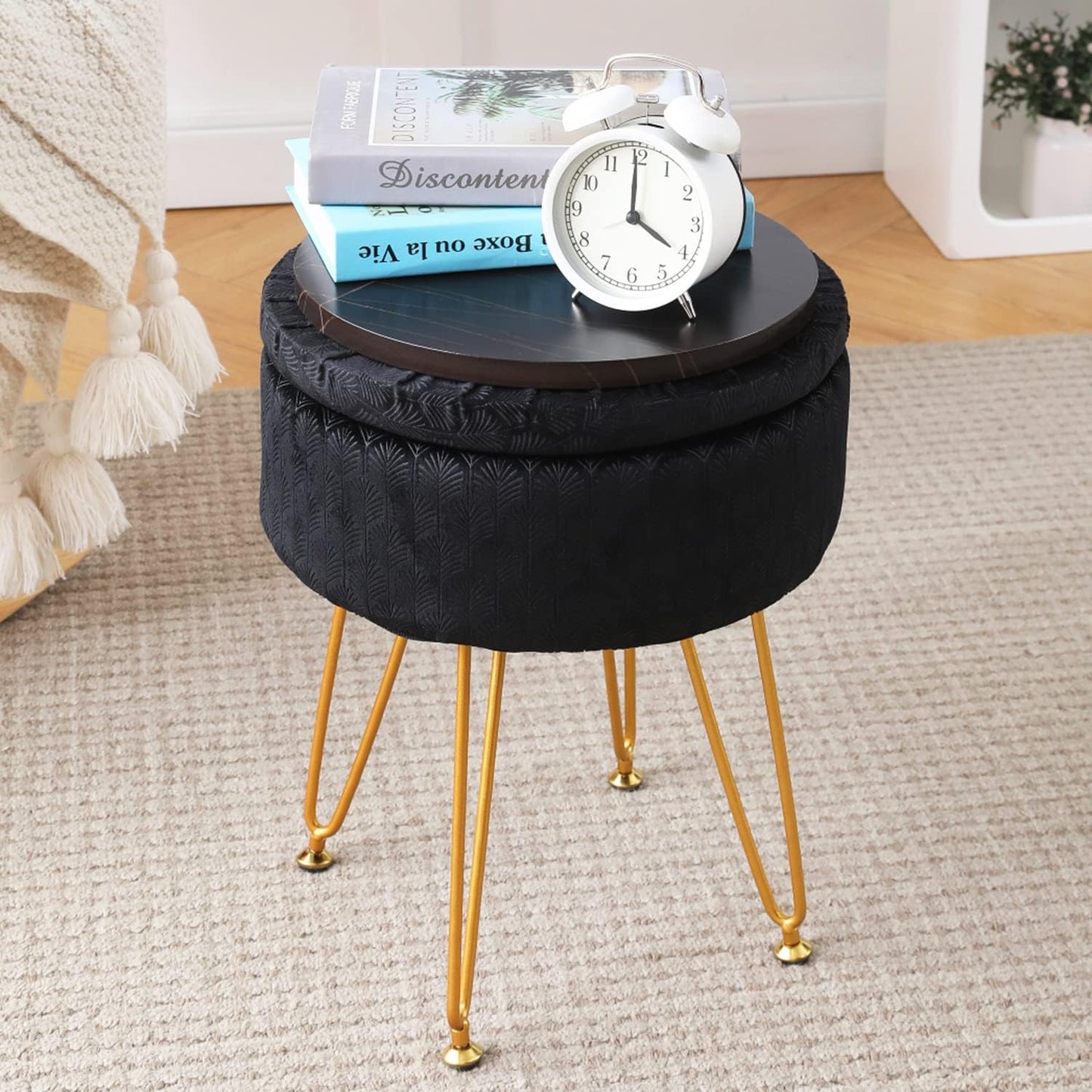 Cpintltr Footrest Footstools Round Velvet Ottoman with Storage Space Soft Vanity Chair with Memory Foam Seat Small Side Table Hallway Step Stool 4 Gold Metal Legs with Adjustable Footings Champagne