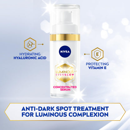 NIVEA LUMINOUS 630 EVEN GLOW Anti Dark Spot Concentrated Face Serum, Spotless Even Skin, Hydrating Hyaluronic Acid & Vitamin E, 30ml