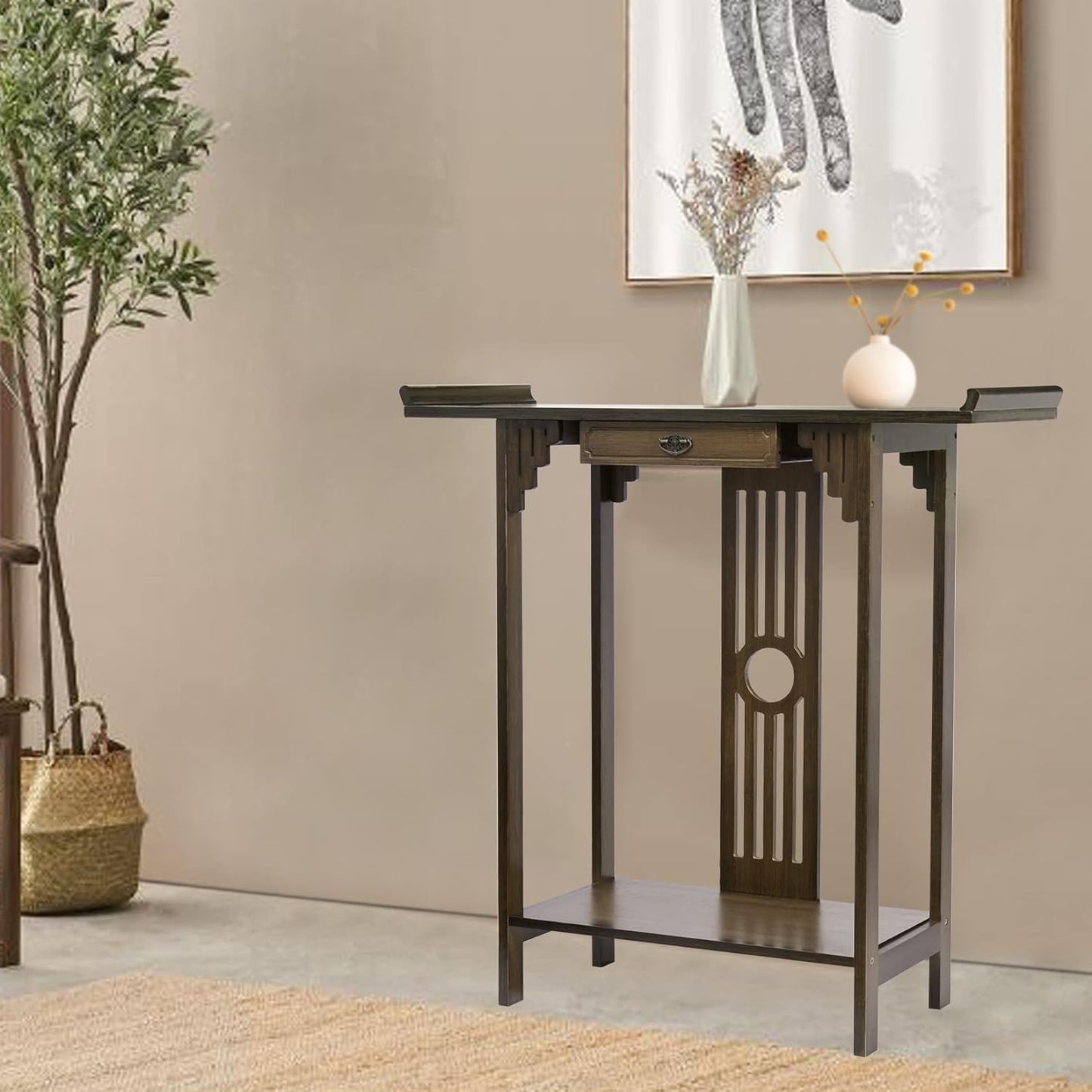 Narrow Console Table for Entryway: 32in Brown Bamboo Hallway Table with Drawer for Living Room Bedroom, LxWxH 32x12.3x32.6in