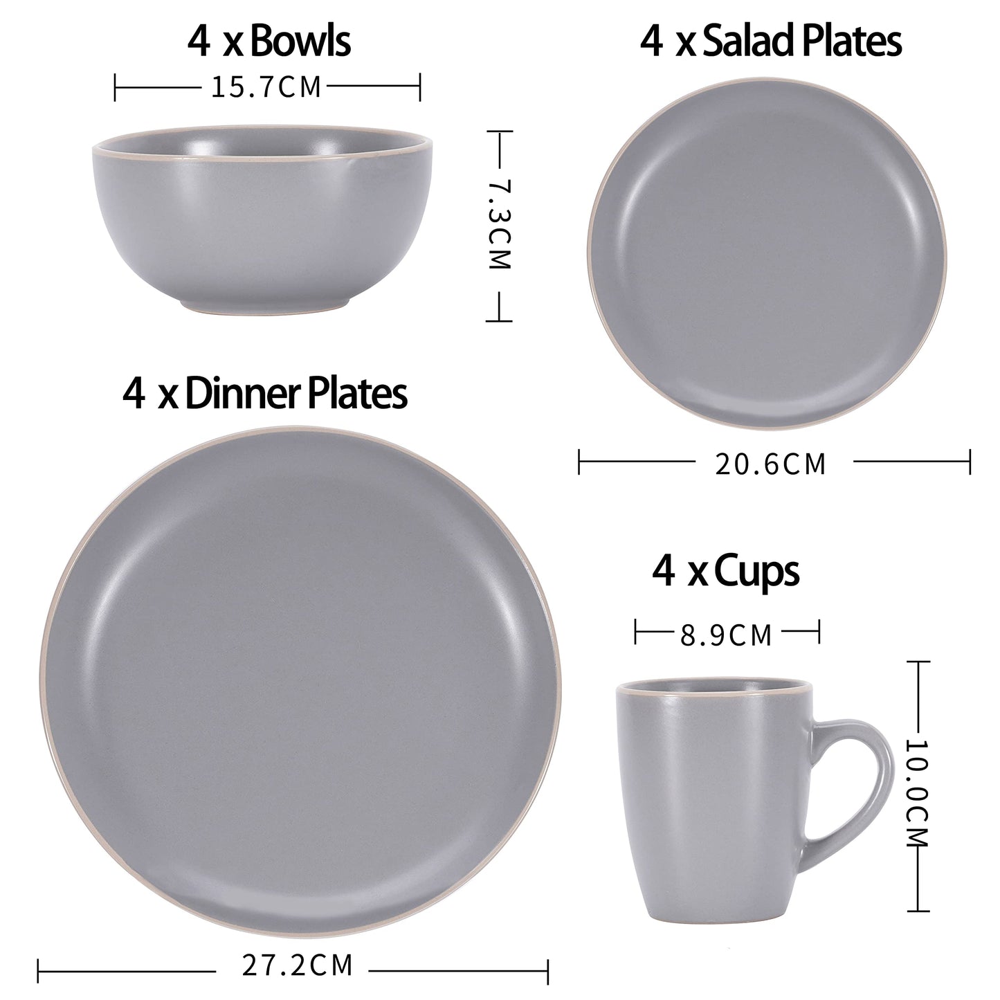 BOBOYM Dinnerware Set,16 Piece White Round A grade Stoneware Dinnerware Set for 4, Kitchen Plates And Bowls Set with Mugs,black dinnerware set