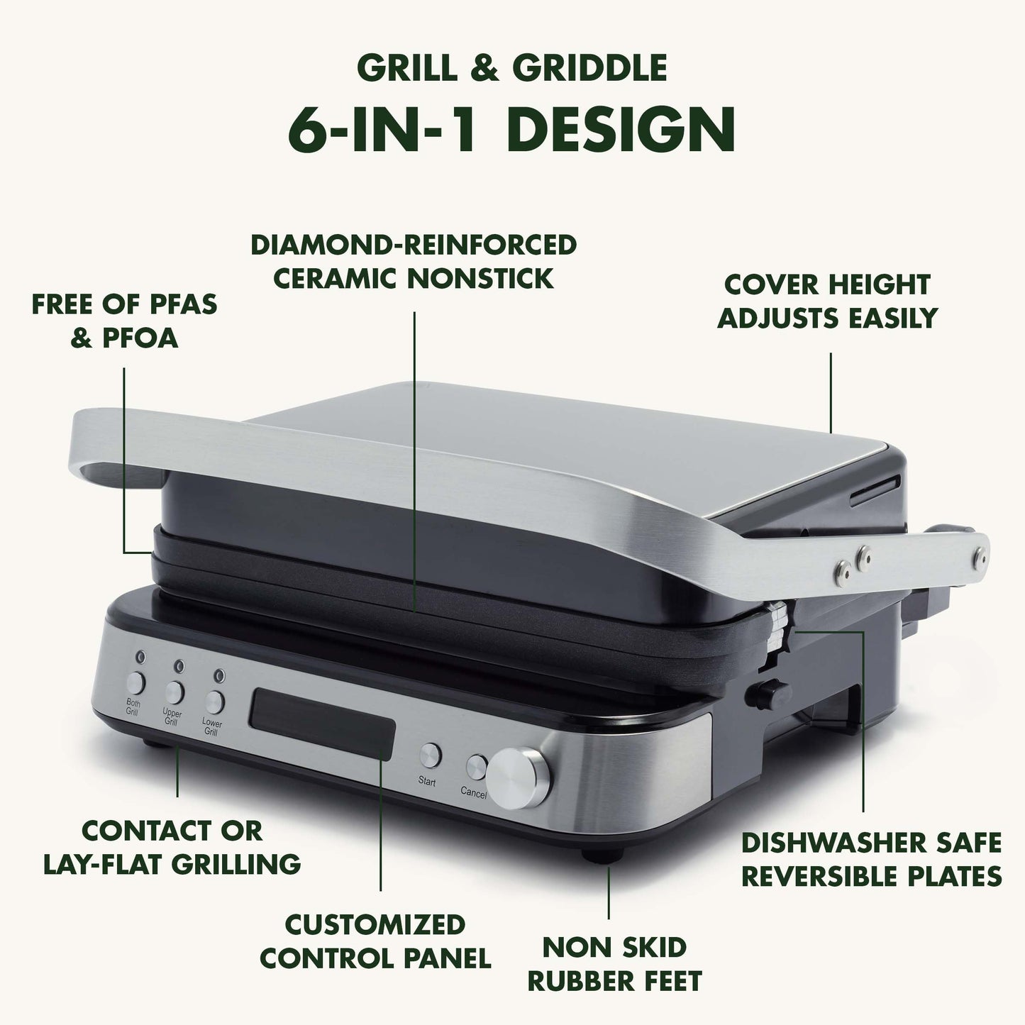 GreenPan Stainless Steel 2-Slice Belgian Waffle Maker Iron, Healthy Ceramic Nonstick Plates, Adjustable settings and Presets, Easy-to-use LED Display