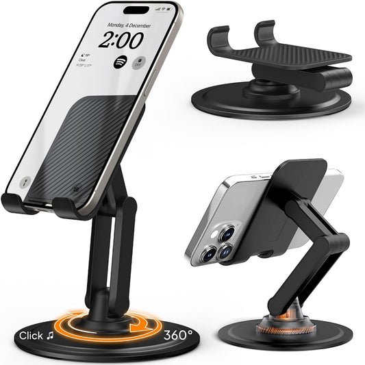 Cooper 360 Stand - Adjustable Cell Phone Stand for Desk | 360 Click-Rotating, Multi-Angle, Non-Slip Metal Base, Foldable & Portable | iPhone Stand for Desk, Cell Phone Stand Holder (Piano Black)