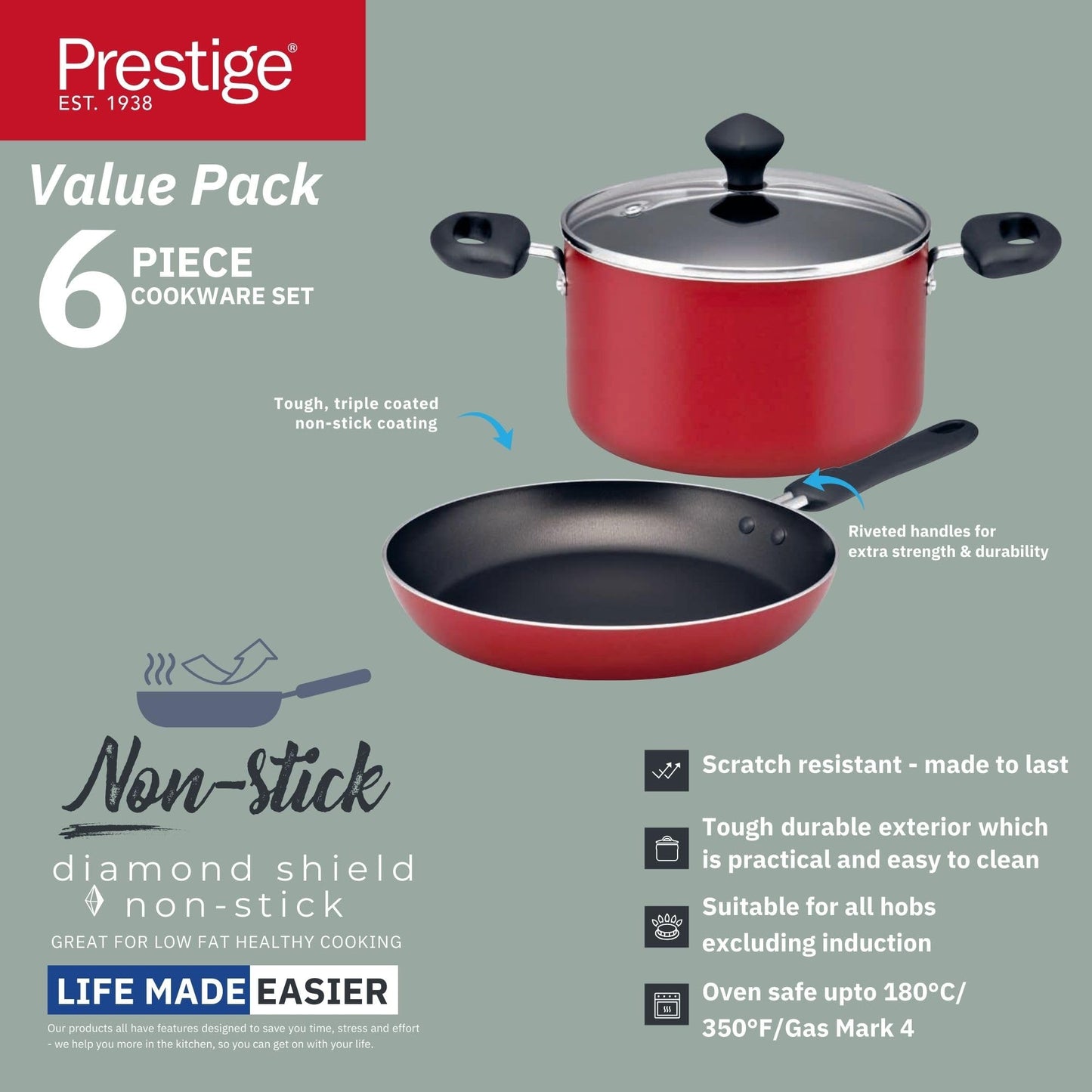 Prestige Non-Stick Cookware Set 6-Piece | Pots and Pans Sets | Kitchen Cooking Sets