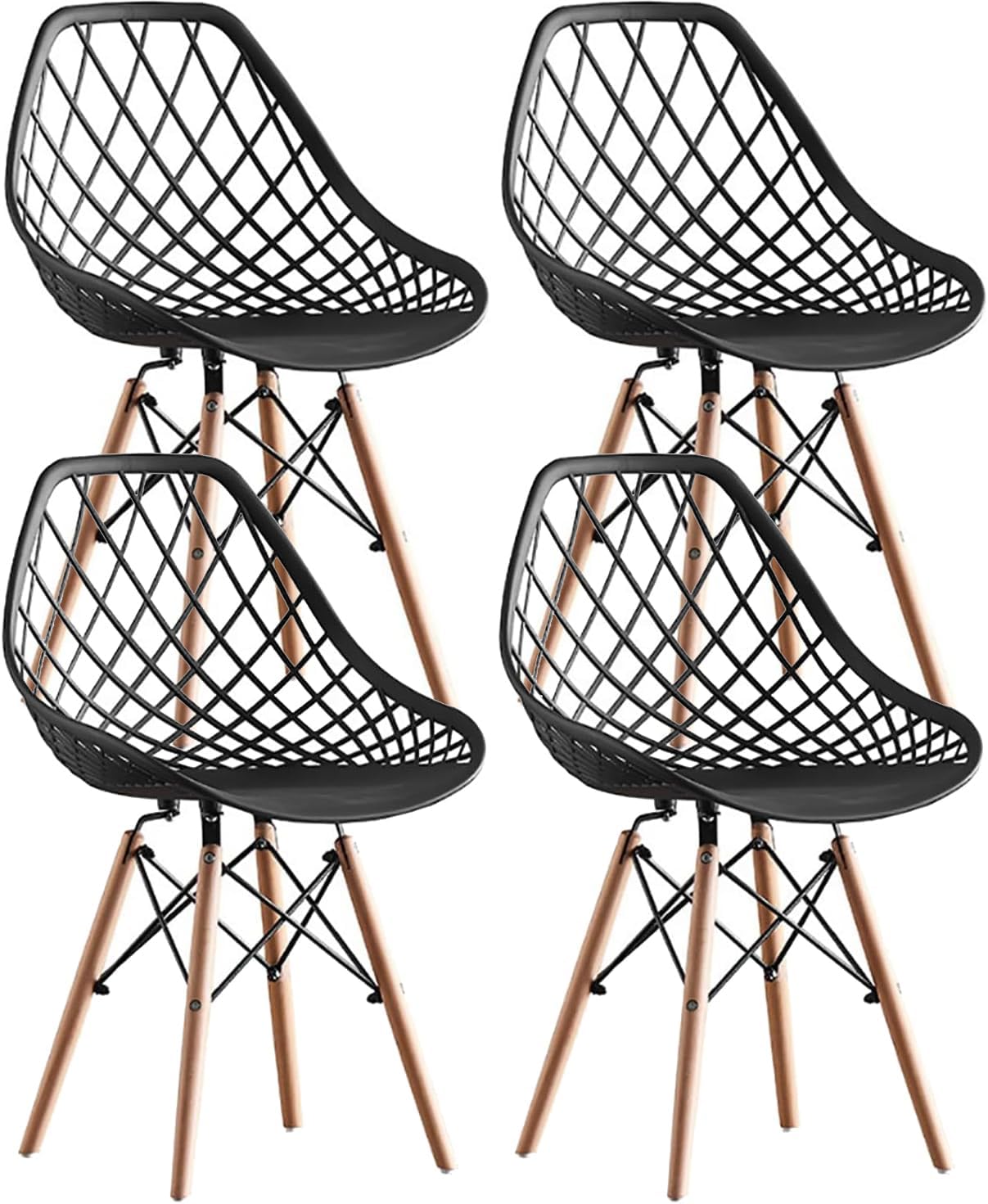 Dining Chair,Newest Style Modern Plastic Chair,Shell Room Chair with Lattice Back and Wooden Dowel Eiffel Legs,for for Kitchen Bedroom Living Room (Black,four chairs)