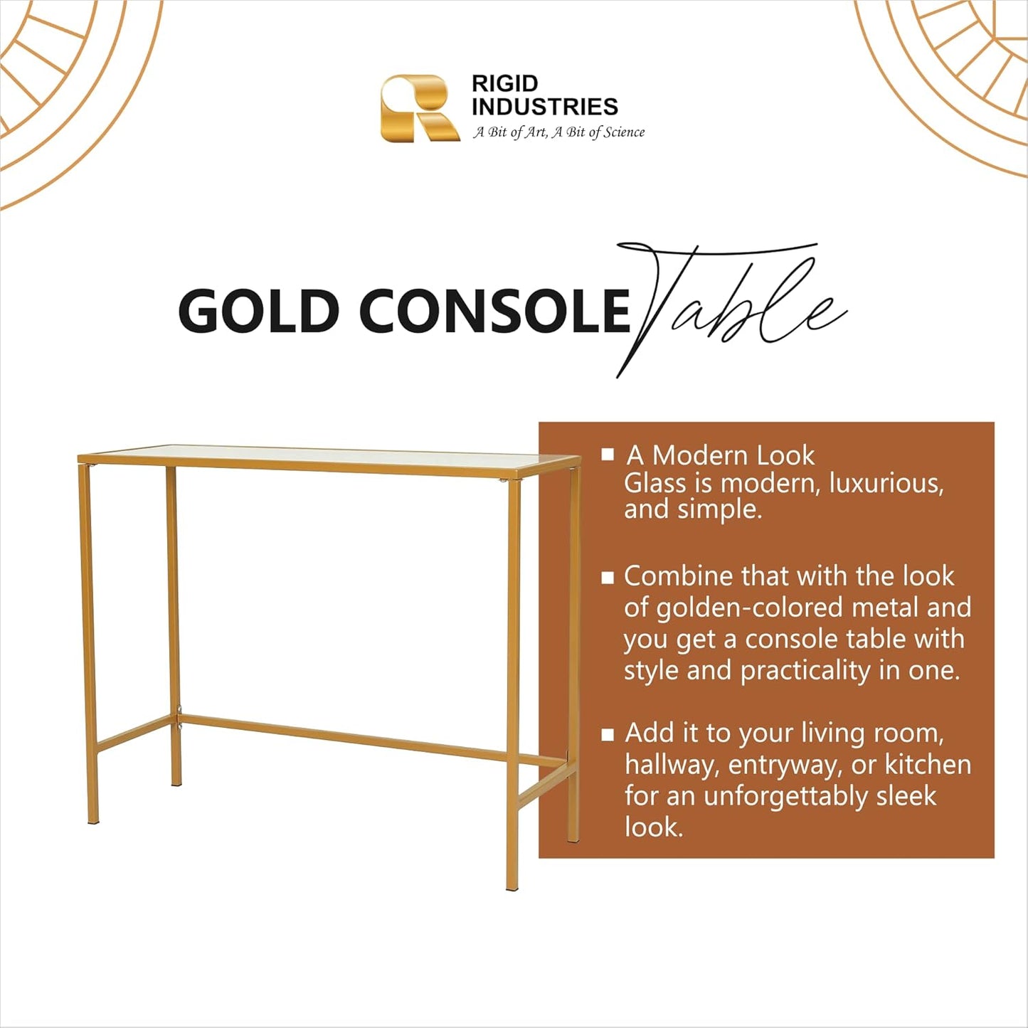 RIGID Console Table | Corner End Table with Stainless Steel Frame and Glass Top for Living Room, Office