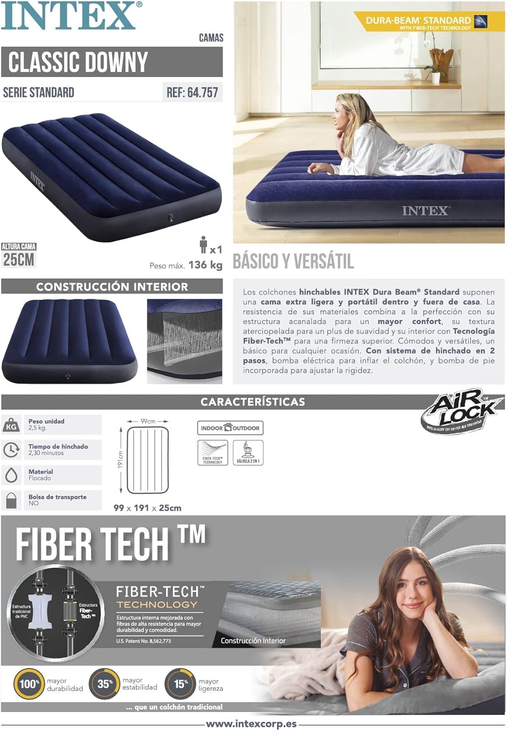 Intex Dura-Beam Series Classic Downy Airbed, Blue, Twin,64757