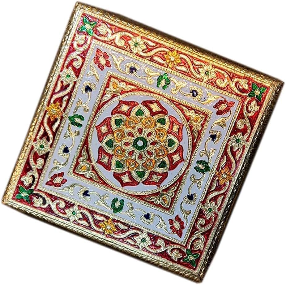 Handcrafted Wood Minakari Chowki aluminium wrap Flower Design | Premium Quality Bajot with Metal Stand for Home & Office Decor Size (20 x 20 x 4)