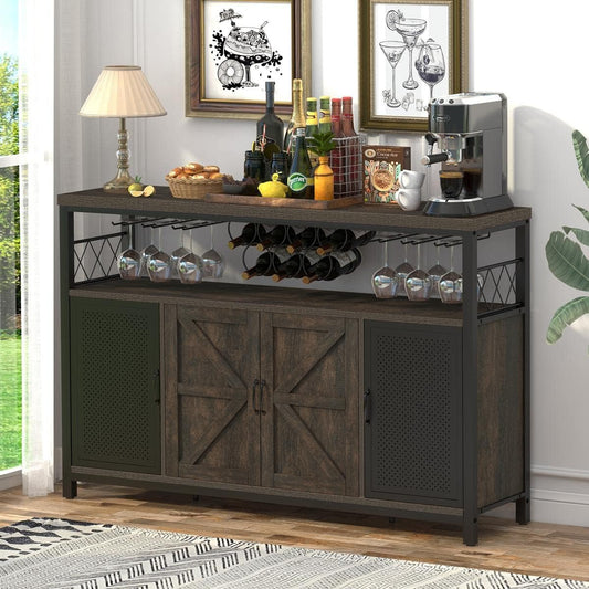 Aubtik Farmhouse Liquor Cabinet Bar for Home, Large Coffee Bar Cabinet with Storage, Rustic Buffet Sideboard with Wine Rack and Glass Holder, 51.34" (Walnut Brown)