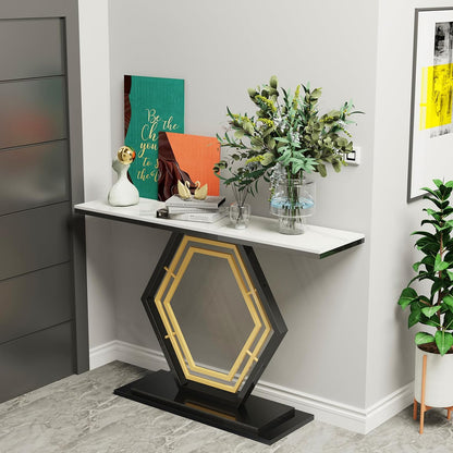 Wisfor Marble Console Table Hallway: 120x30 CM White Sintered Stone Entryway Console Table with Black and Gold Hexagon Pedestal Narrow Accent Desk for Foyer, Living Room, Sofa