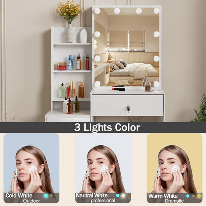 LIANWANG Dressing Table with LED Lighting, 3 Colour Temperatures, Adjustable Brightness, Dressing Table with Mirror for Make-Up, 6 Drawers, 1 Stool, 131 x 80 x 36 cm, White