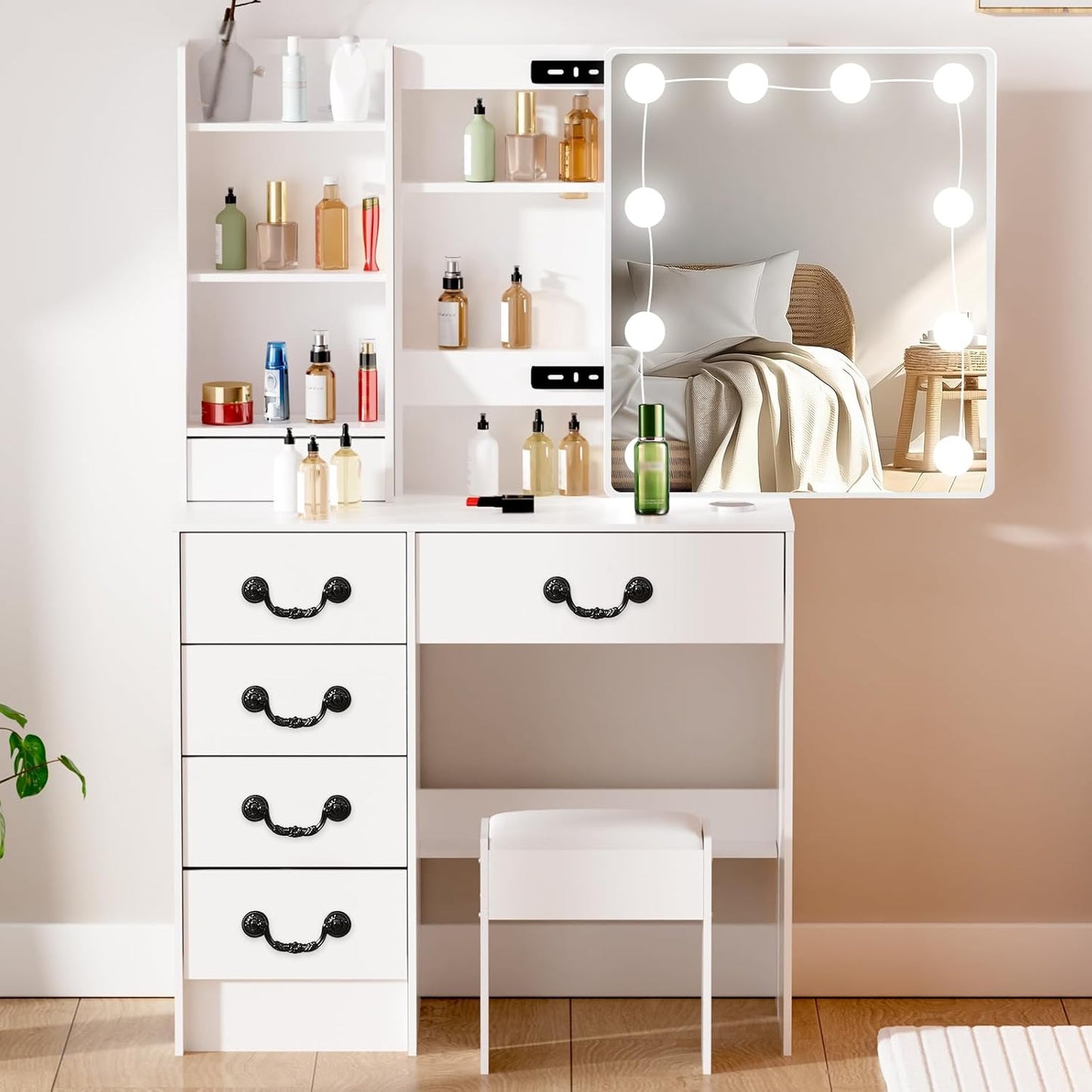 LIANWANG Dressing Table with LED Lighting, 3 Colour Temperatures, Adjustable Brightness, Dressing Table with Mirror for Make-Up, 6 Drawers, 1 Stool, 131 x 80 x 36 cm, White