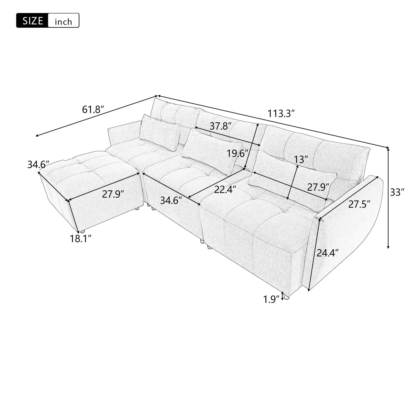 UBGO Sectional Living Room Furniture, L-Shape Couch with Ottomans and Chaise Lounge,Faux Synthetic Leather Nailhead Trim w/Cup Holders,3-Piece Sofa Set, Brown-B