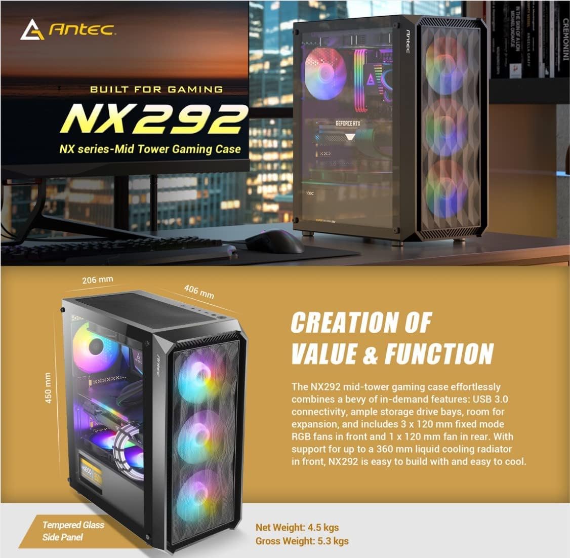 Antec NX Series NX292 Mid-Tower E-ATX Gaming Case, 3 x 120mm RGB fans & 1 x 120mm Fan Included, Tempered Glass Side Panel, 360mm Radiator Support, RGB Gaming Cabinet - Black - CaveHubs