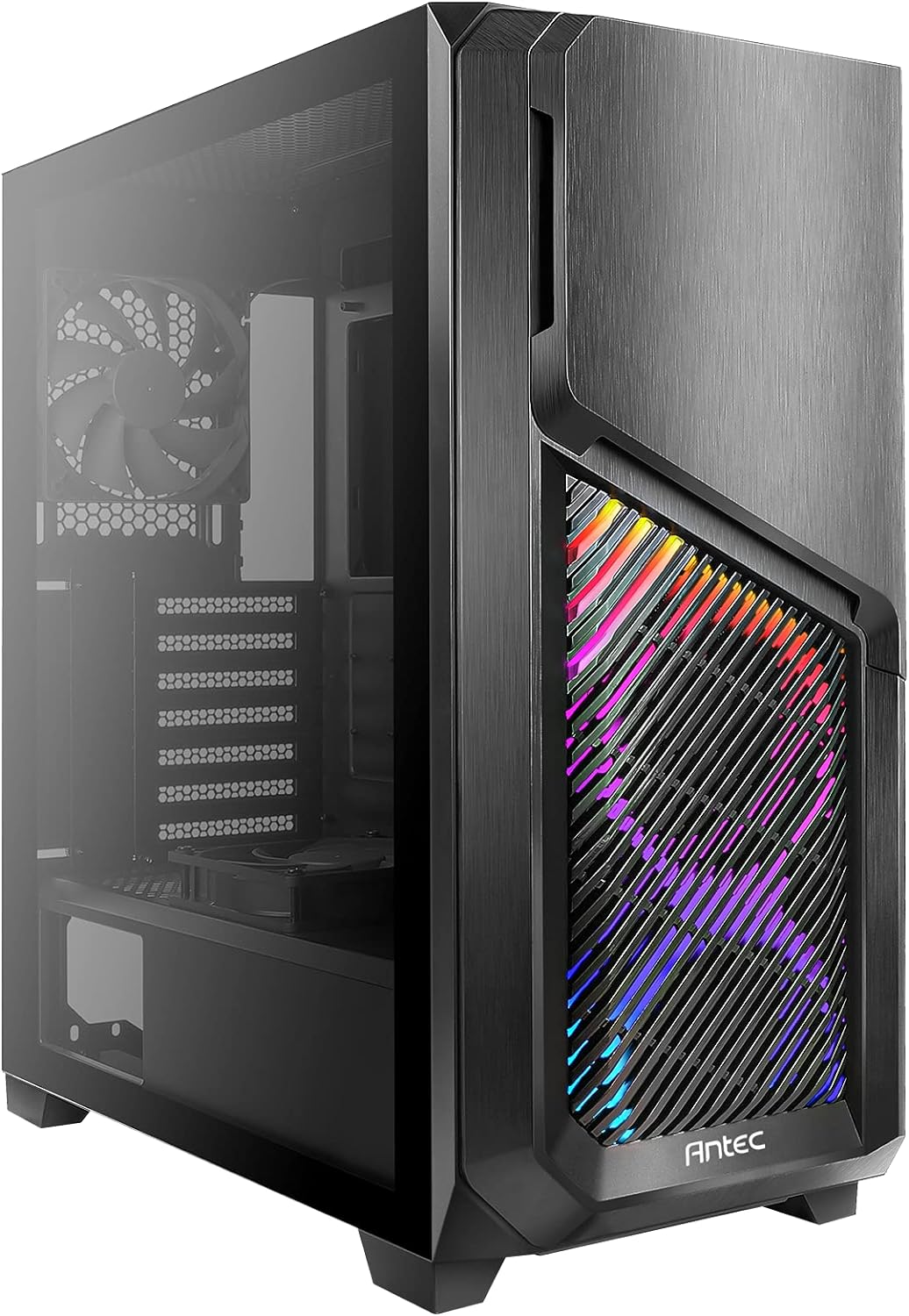 Antec Dark Phantom Dp502 Flux, Mid Tower Atx Gaming Case, Tempered Glass Side Panel, Swing Open Front Panel & Led Strips, F-Lux Platform, 3 X 120 Mm Argb, 1 X 120 Mm Reverse & 1 X 120 Mm Fans Included