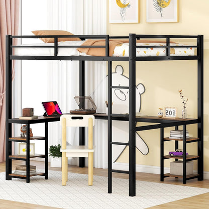 ROYAL POLAR Full Size Loft Bed with Desk and Storage Shelves Heavy Duty Metal Dunk Bed with Full-Length Guardrail Ladder Suitable for Teenagers Capacity 180KG