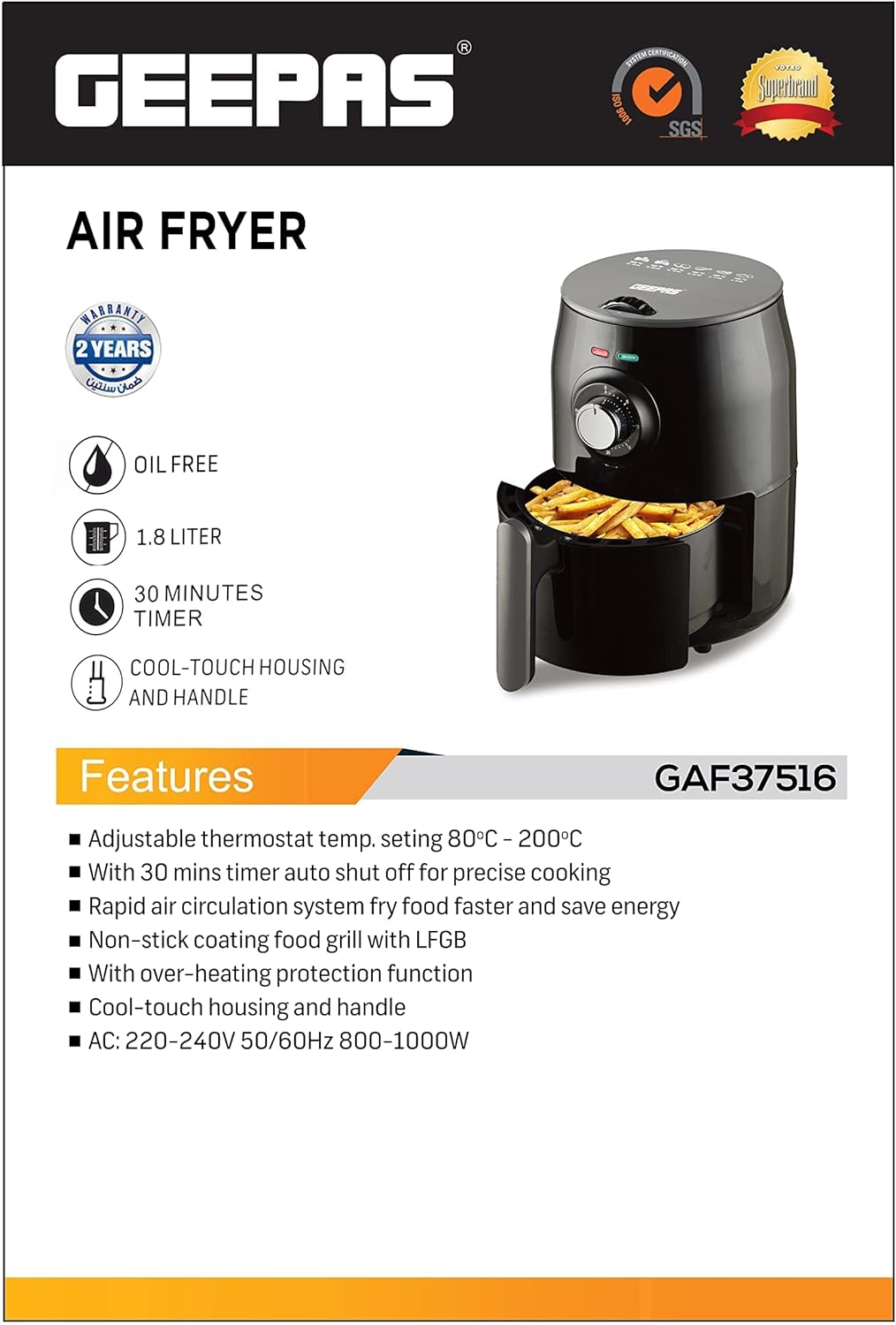 Geepas GAF37516 Air Fryer 1.8L - Cool touch Housing & handle | Overheat Protection, LED ON-OFF Lights, 30 Minutes Timer, Non Stick Detachable Basket, Temperature & Timer Control | 2 Years Warranty