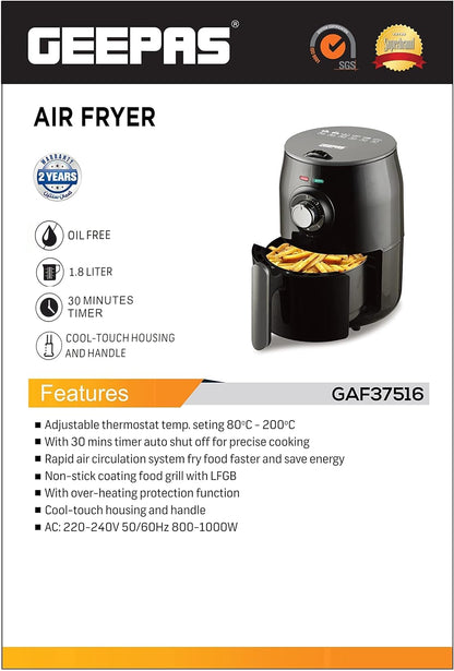 Geepas GAF37516 Air Fryer 1.8L - Cool touch Housing & handle | Overheat Protection, LED ON-OFF Lights, 30 Minutes Timer, Non Stick Detachable Basket, Temperature & Timer Control | 2 Years Warranty