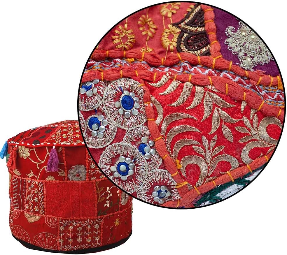 Aakriti Gallery Indian Pouf Footstool Ethnic Embroidered Pouf Cover, Indian Cotton Round Pouffe Ottoman Pouf Cover Pillow Ethnic Decor Art - Cover Only (Yellow, 18x13)