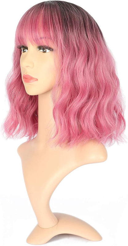 VCKOVCKO Ombre Color Natural Wavy Bob Wig With Air Bangs Short Bob Wigs Women's Shoulder Length Wigs Black to Pink Purple Curly Wavy Synthetic Cosplay for Girl Colorful Wigs(12",Black to WineRed)