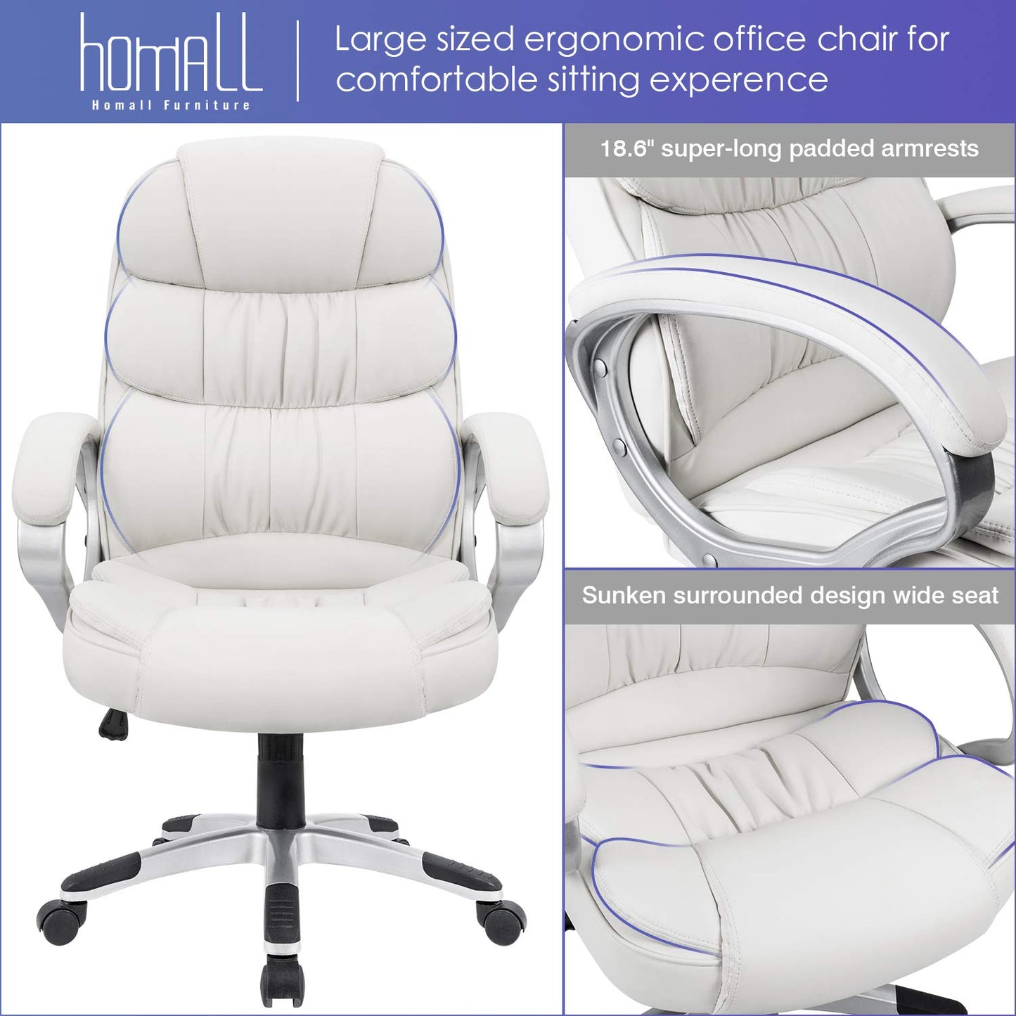 Homall Office Chair High Back Computer Desk Chair, PU Leather Adjustable Height Modern Executive Swivel Task Chair with Padded Armrests and Lumbar Support (Black)