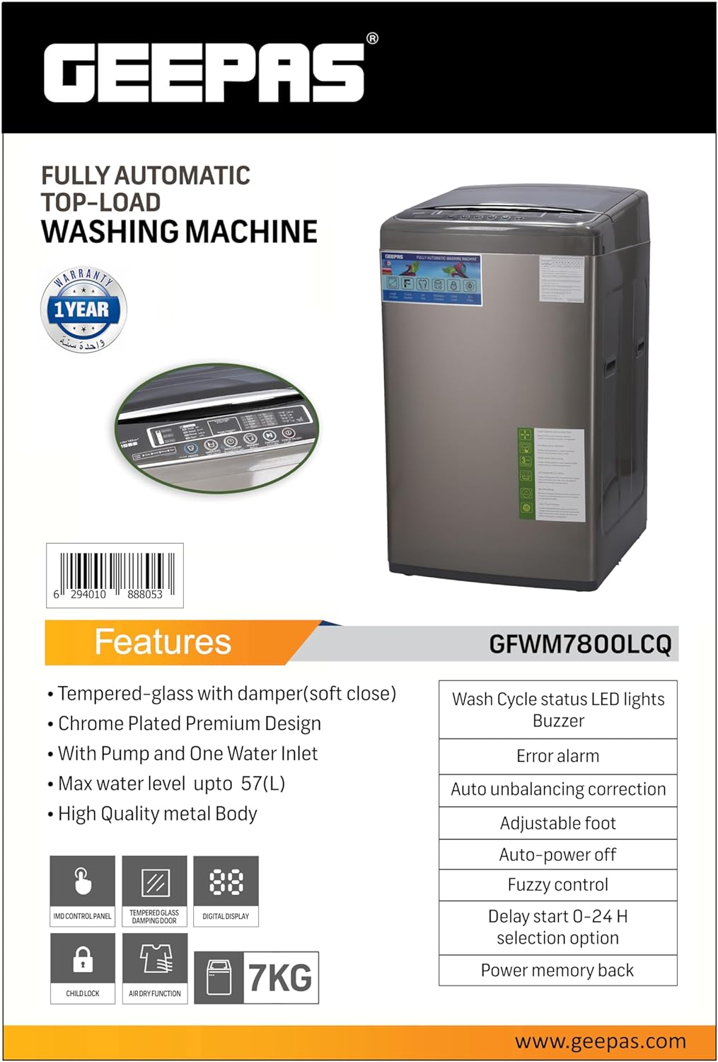 Geepas Fully Automatic Top Load Washing Machine 7KG - Stainless Steel Inner Basket - IMD Controls | Auto Off Memory Power With Auto Balancing 0 W GFWM7800LCQ Silver.