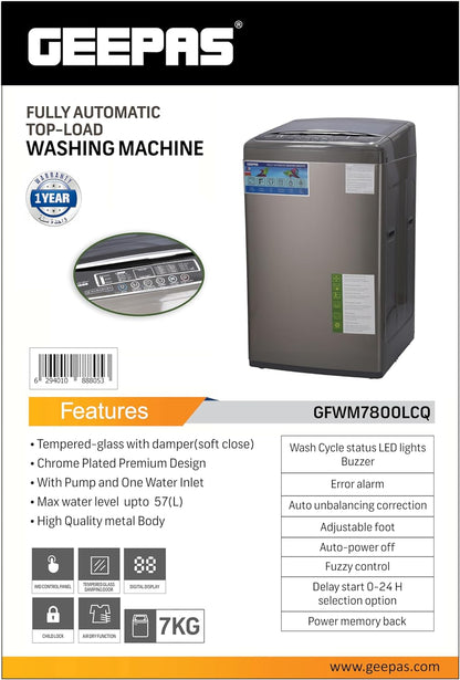 Geepas Fully Automatic Top Load Washing Machine 7KG - Stainless Steel Inner Basket - IMD Controls | Auto Off Memory Power With Auto Balancing 0 W GFWM7800LCQ Silver.