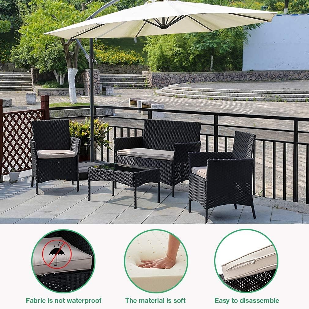 Outdoor Patio Furniture Sets 4 Pieces Patio Set Rattan Chair Wicker Sofa Conversation Set Patio Chair for Backyard Lawn Porch Poolside Balcony Garden Furniture Sets with Coffee Table (Black)