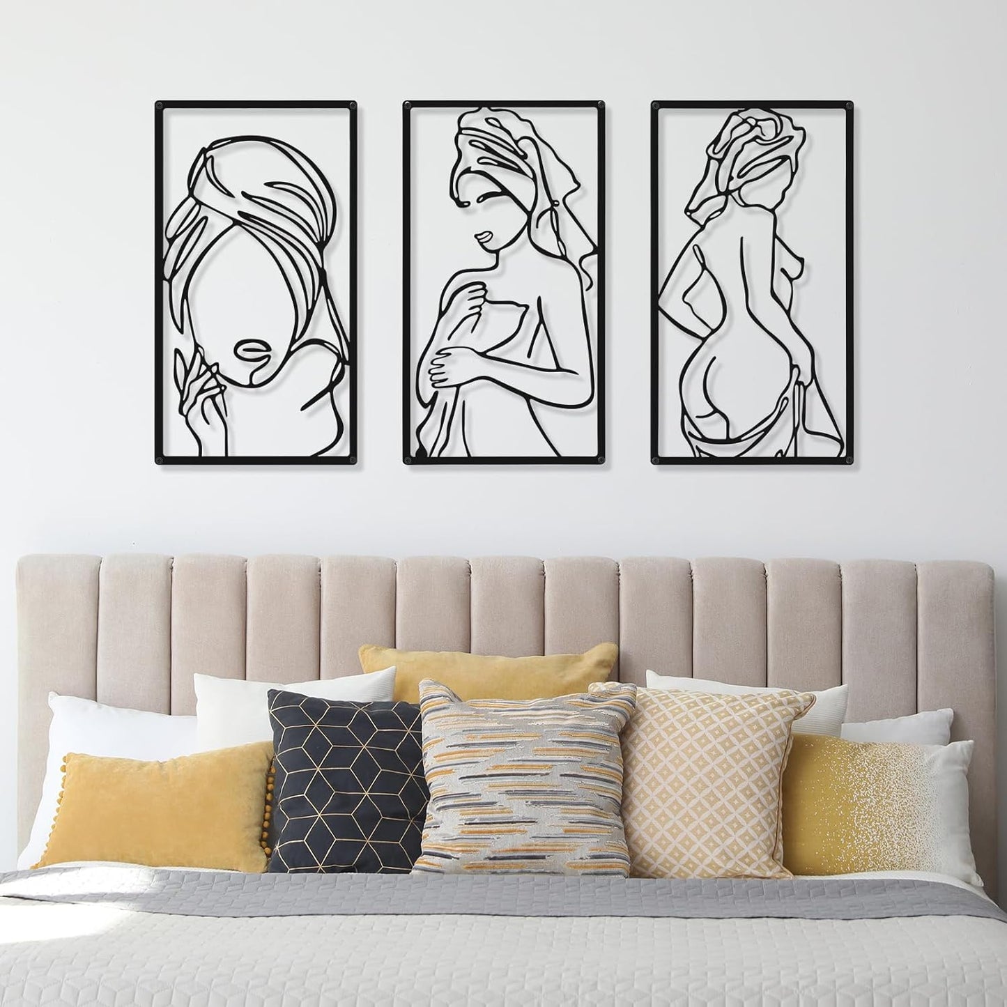 CHENGU 3 Pieces Metal Minimalist Abstract Woman Wall Art Line Drawing Wall Art Decor Single Line Female Home Hanging Wall Art Decor for Kitchen Bathroom Living Room (Black, Hand)