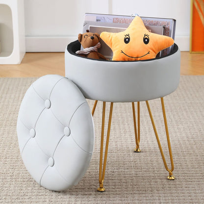 Cpintltr Faux Leather Storage Ottoman Round Footrest Stool Multifunctional Upholstered Ottoman with Metal Legs Modern Vanity Stools Tray Top Coffee Table Suitable for Living Room Bedroom Black