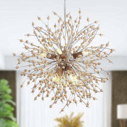 Oninio Modern Wooden Beads Dandelion Chandelier, Firework Pendant Lighting, 8-Lights Sputnik Ceiling Hanging Light Fixture for Living Room Dining Room Bedroom Kitchen Foyer(G9 Base,Bulb NOT included）