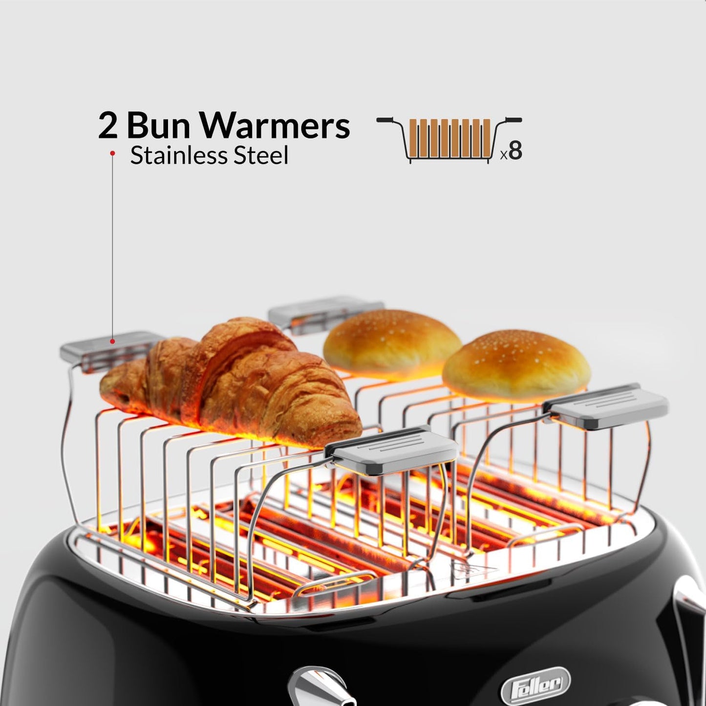 Feller Germany, Retro Style 4-Slice Toaster, 1630 W, Steel Body, 2 Dust Covers & 2 Bun Warmers, Defrost, Reheat, & Cancel Function, 4 Extra wide Bread Slots, Removable Crumb Tray, TO490 (Glossy Black)