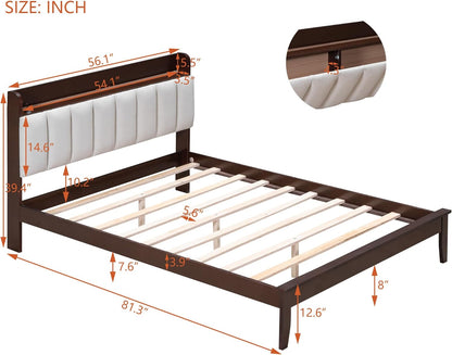 HOHOUSE 3-Pieces Bedroom Sets,Full Size Wood Platform Bed and Two Nightstands,Storage Platform Bed with USB and LED Lights-Walnut+Beige