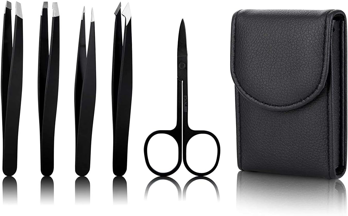 Tweezers Set-5 Pieces Professional Stainless Steel Tweezers with Curved Scissors,Best Precision Tweezer for Eyebrows,Splinter and Ingrown Hair Removal with Leather Travel Case