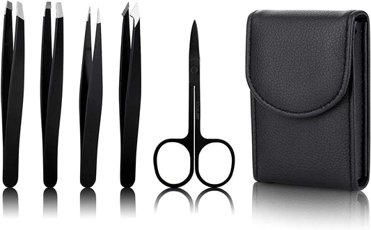 Tweezers Set-5 Pieces Professional Stainless Steel Tweezers with Curved Scissors,Best Precision Tweezer for Eyebrows,Splinter and Ingrown Hair Removal with Leather Travel Case