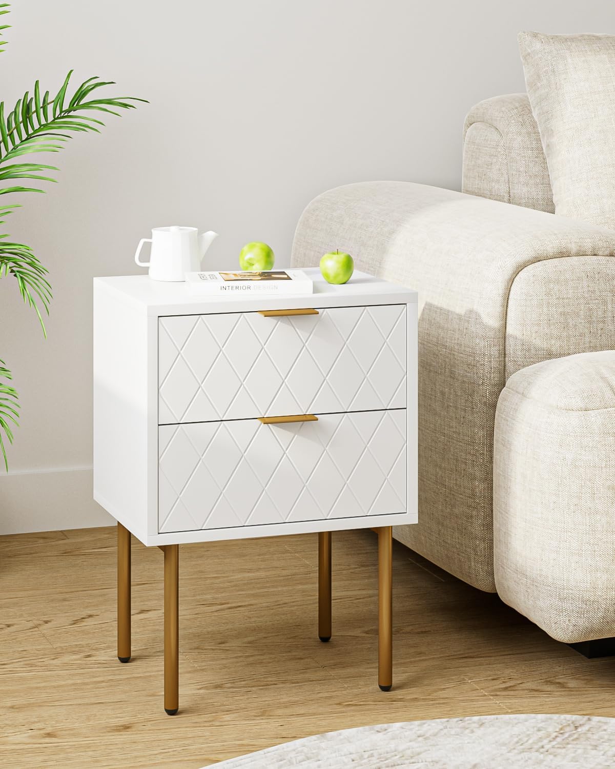 Aobafuir Nightstand, 2 Drawer Dresser for Bedroom, Small Side Table with 2 Drawers, Bedside Furniture, Night Stand, End Table with Gold Frame for Bedroom, Living Room, White Stripe